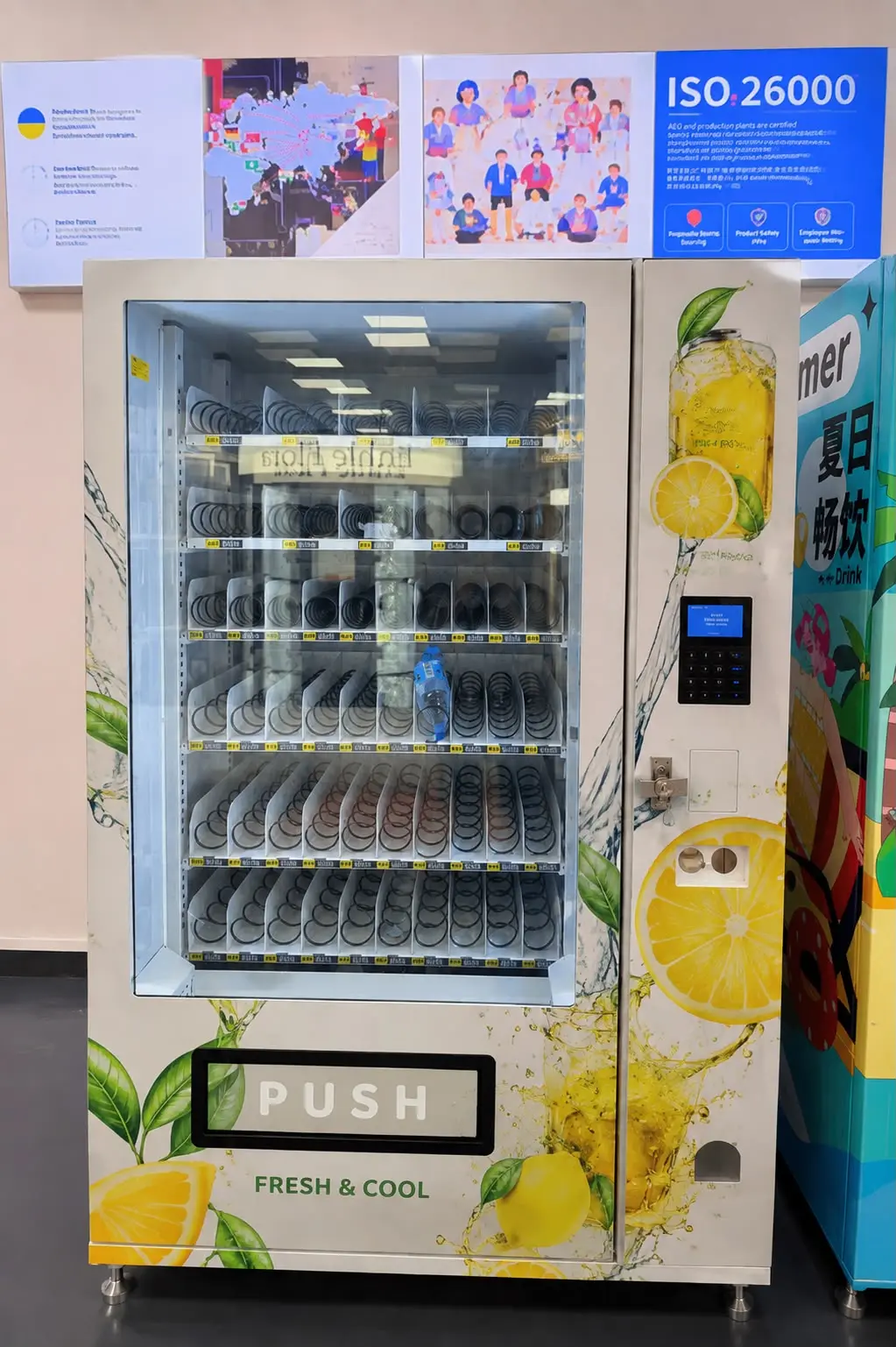 Hell gestalteter Spiralautomat mit Zitronenmotiv, ganzes Gerät: Glasfront mit sechs Ebenen Spiralfächern, rechts daneben Tastenfeld, Kartenleser und Münzeinwurf.