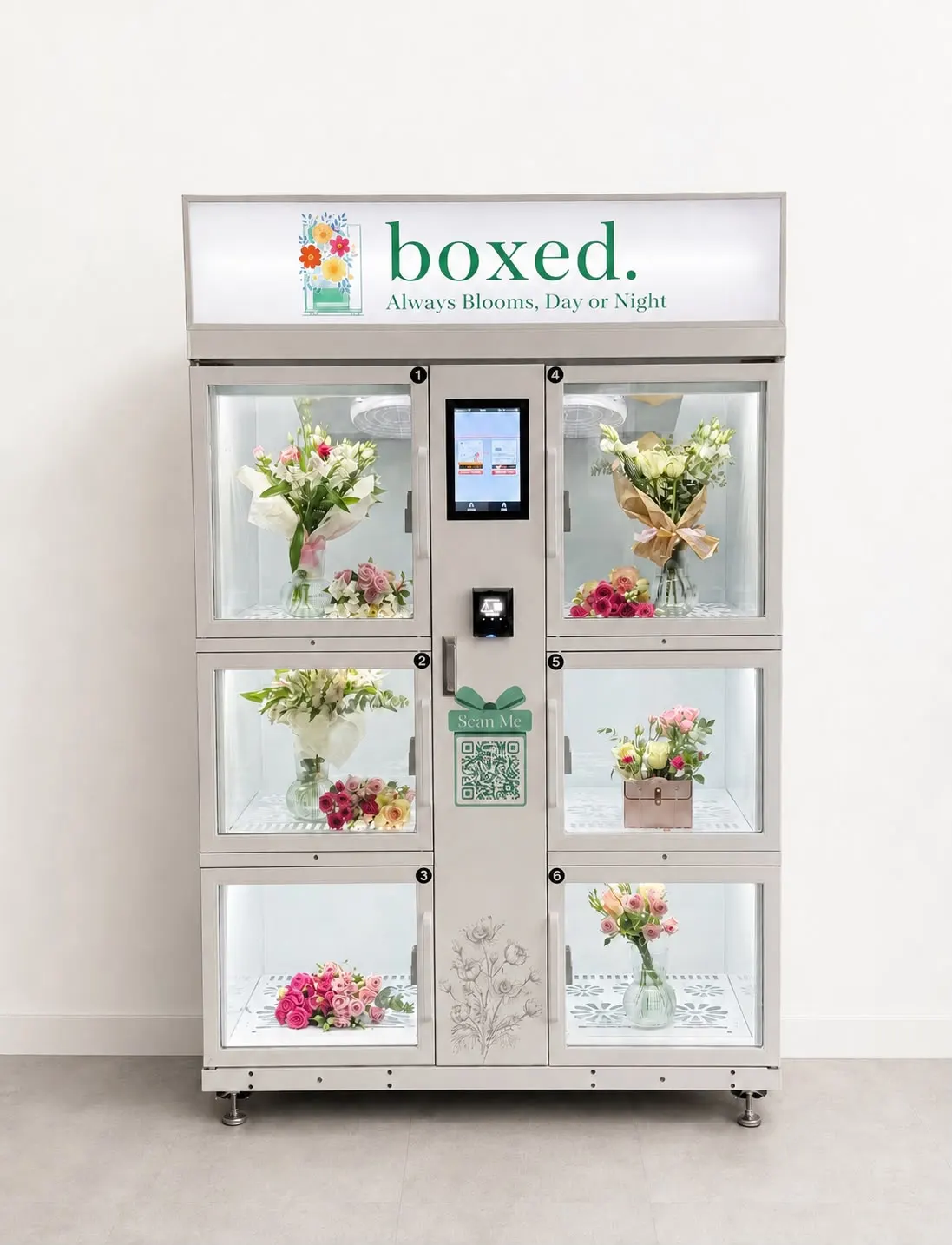 boxed. 6-Fach Verkaufsautomat für innen, hier mit Blumen bestückt